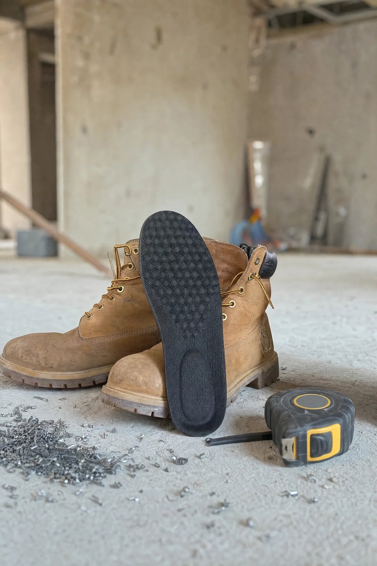 Work boots with a Vealden insole on a concrete jobsite