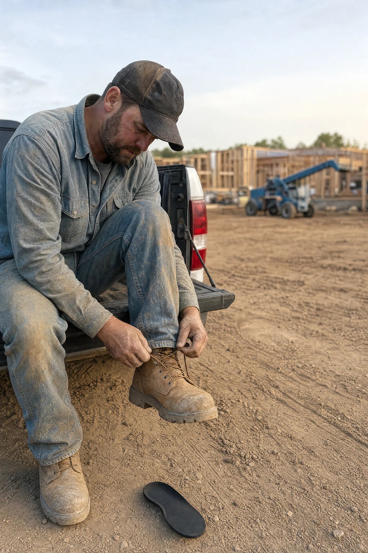 Tradesman lacing up work boots on a jobsite