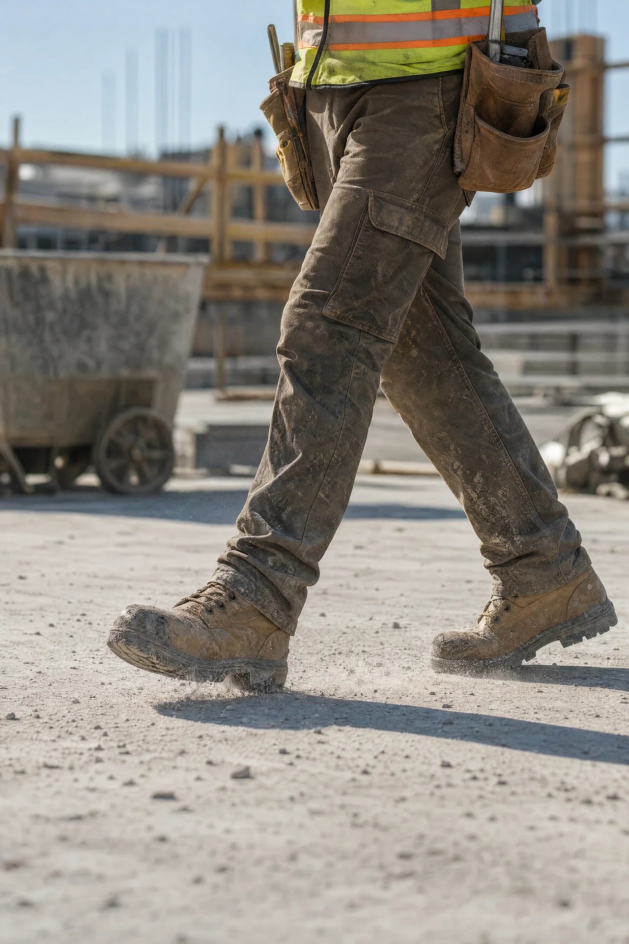 Construction worker walking across a concrete slab
