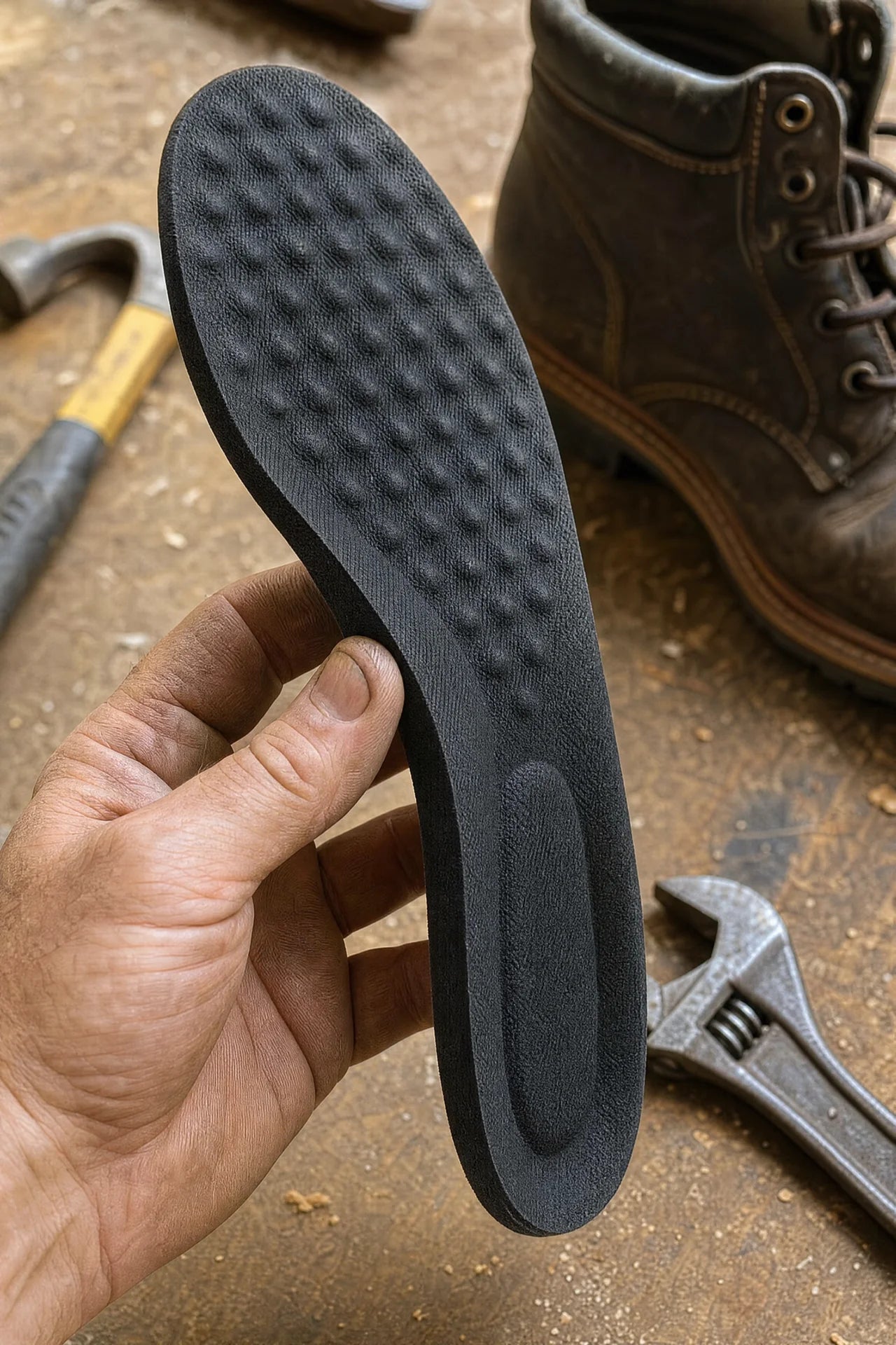 Tradesman holding a Vealden work boot insole